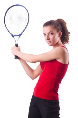 Tenis oynarken üzerine beyaz kadın