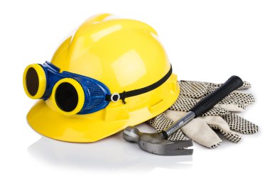 kask ve araçları üzerinde beyaz izole