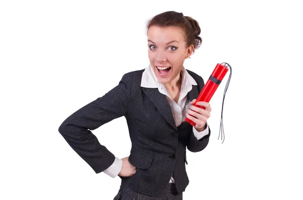 Businesswoman with dynamite on white — Stock Photo, Image