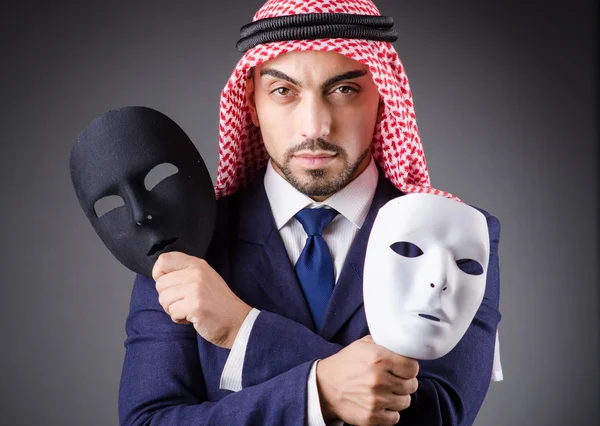 Arab with masks in dark studio — Stock Photo, Image