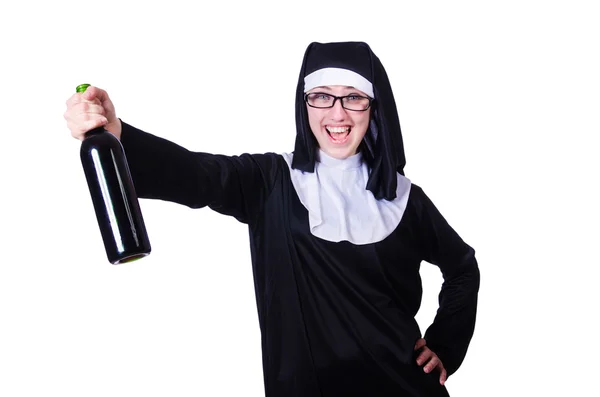 Nun with bottle of wine on white — Stock Photo, Image