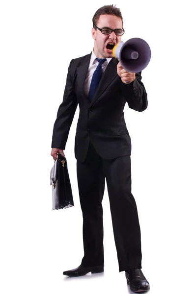 Young businessman with loudspeaker on white — Stock Photo, Image