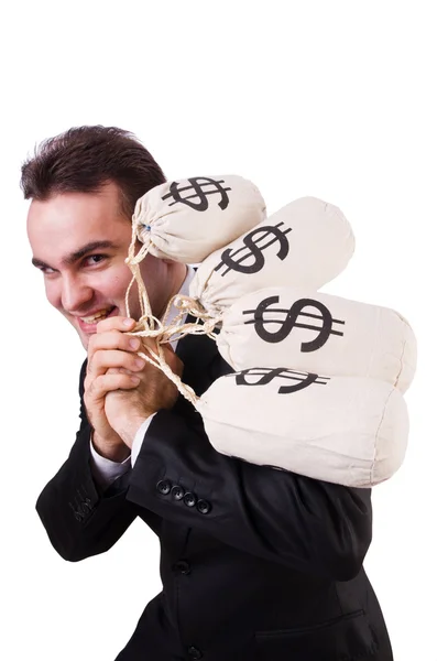 Muž s pytli na peníze na bílém — Stock fotografie