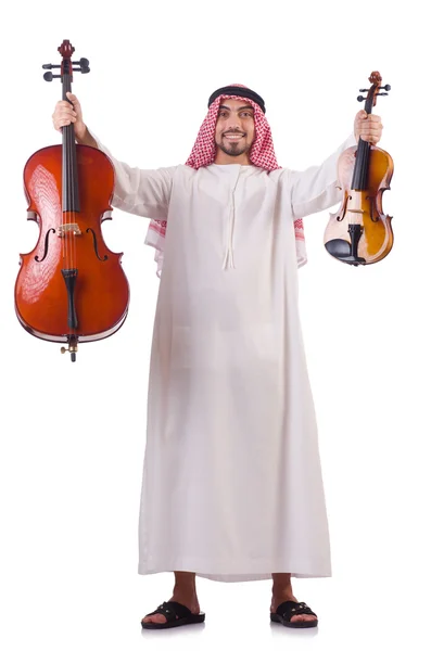 Homem árabe tocando música no branco — Fotografia de Stock