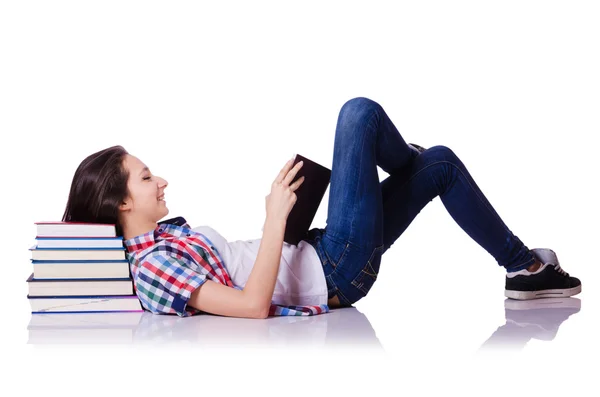 Studente con libri isolati su bianco — Foto Stock