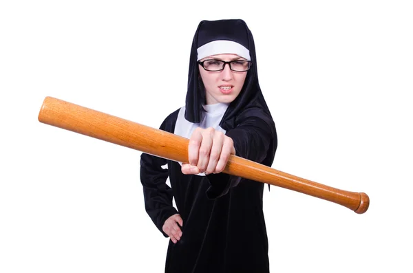 Nun with baseball bat on white — Stock Photo, Image