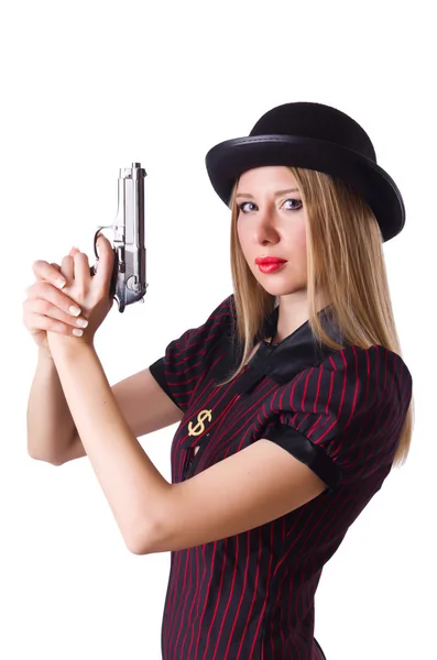 Woman gangster with handgun on white — Stock Photo, Image