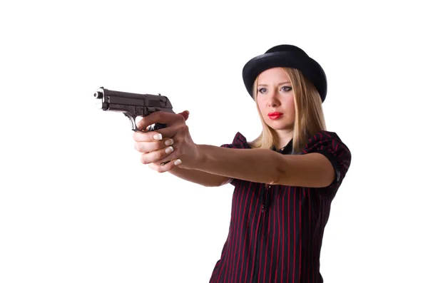 Woman gangster with handgun on white — Stock Photo, Image