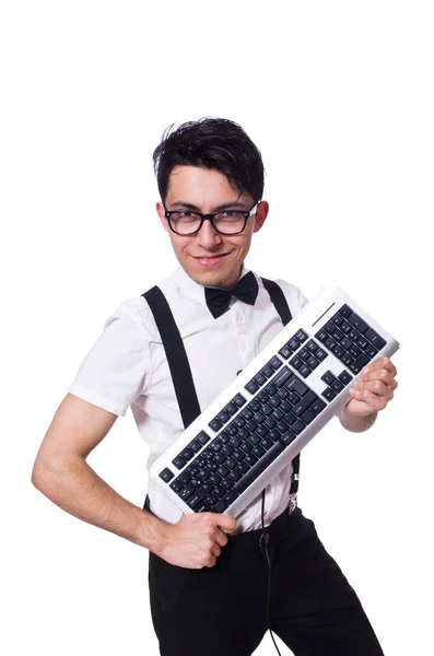 Nerd hacker met toetsenbord van de computer op wit — Stockfoto