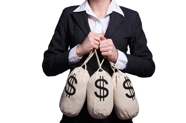 Woman with sacks of money on white — Stock Photo, Image