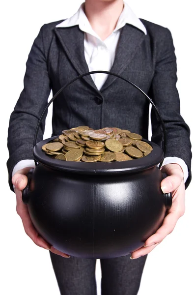 Woman holding pot of gold coins — Stock Photo, Image