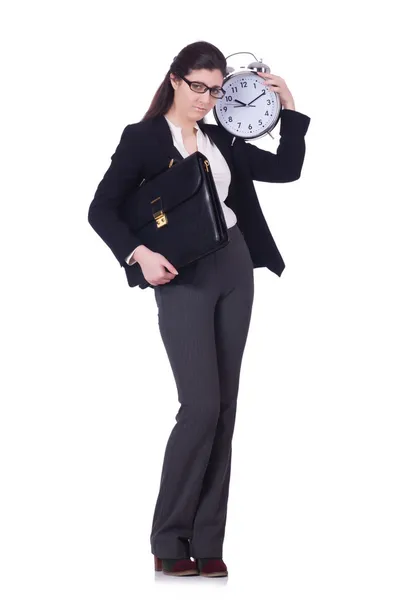 Woman with clock isolated on white — Stock Photo, Image