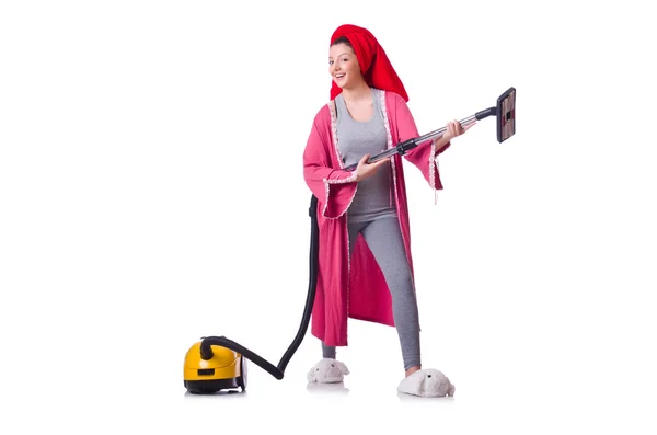 Woman working with vacuum cleaner on white — Stock Photo, Image