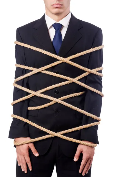 Zakenman vastgebonden met touw op wit — Stockfoto