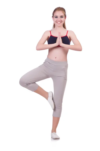 Young woman doing exercises on white — Stock Photo, Image