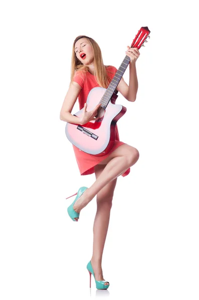Woman playing guitar isolated on white — Stock Photo, Image
