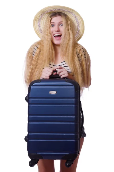Junge Frau mit Koffer auf weißem Grund — Stockfoto