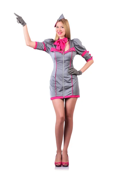 Stewardess pressing virtual buttons in the air — Stock Photo, Image