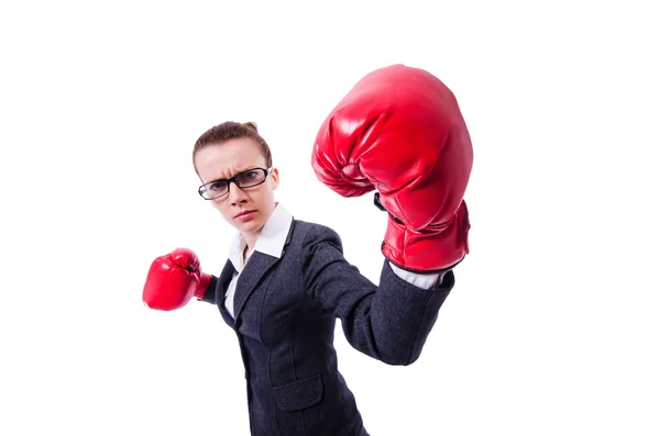 Donna con guantoni da boxe su bianco — Foto Stock