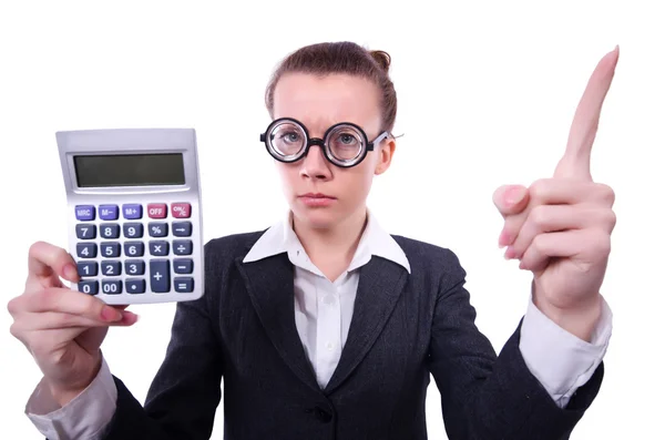 Nerd vrouwelijke boekhouder met calculator — Stockfoto