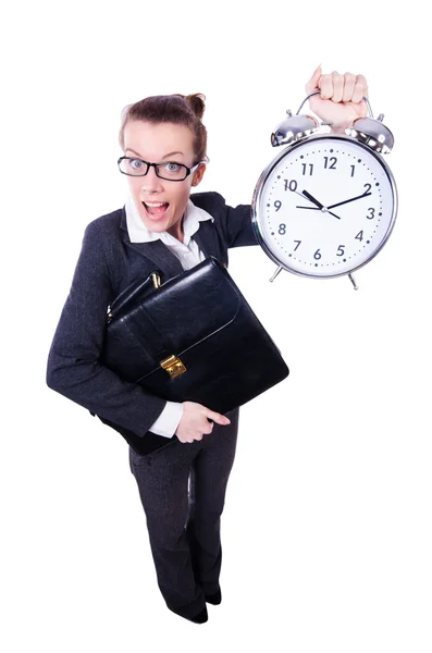 Femme drôle avec horloge sur blanc — Photo