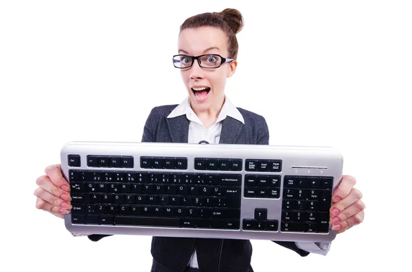 Nerd-Geschäftsmann mit Computertastatur auf Weiß — Stockfoto