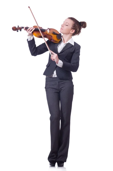 Бизнесвумен с виолончелью изолирована на белом — стоковое фото