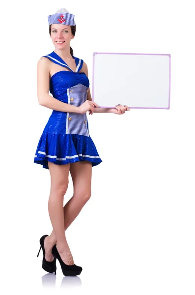 Stewardess with blank board on white — Stock Photo, Image