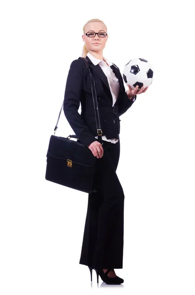 Donna con calcio su bianco — Foto Stock