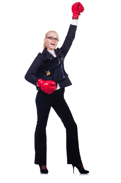 Mulher empresária com luvas de boxe em branco — Fotografia de Stock