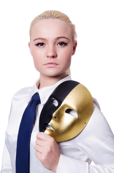 Frau mit Maske in Heuchelei-Konzept — Stockfoto