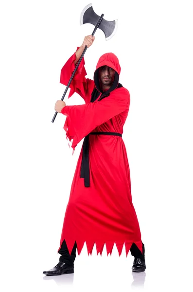 Executioner in red costume with axe on white — Stock Photo, Image