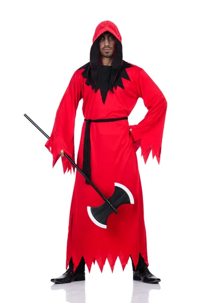 Executioner in red costume with axe on white — Stock Photo, Image