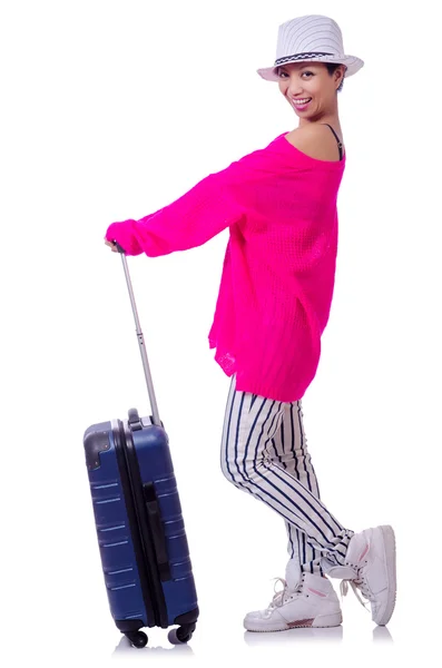 Young woman ready for summer vacation on white — Stock Photo, Image