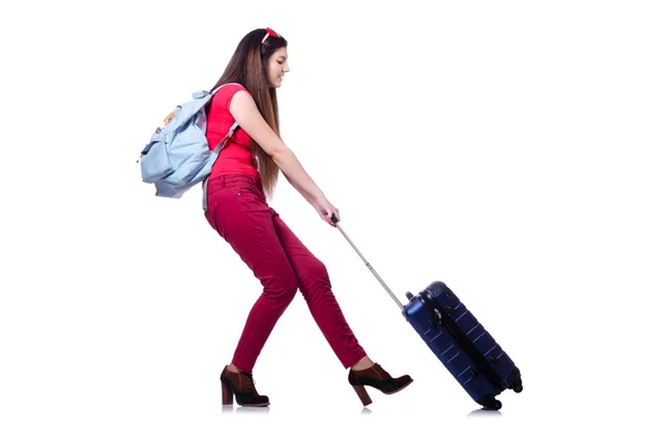 Jonge vrouw klaar voor zomervakantie op wit — Stockfoto