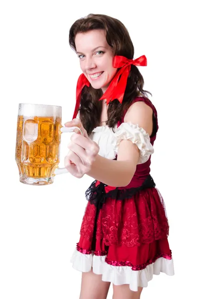 Баварская девушка с подносом на белом — стоковое фото