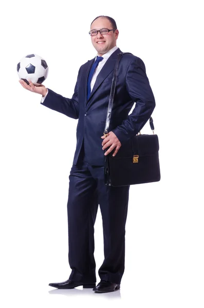 Homem com futebol isolado em branco — Fotografia de Stock