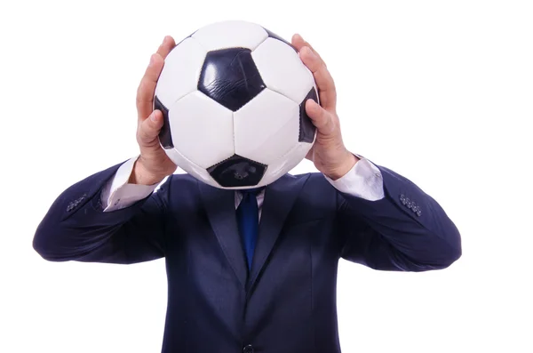 Чоловік з футболом ізольований на білому — стокове фото
