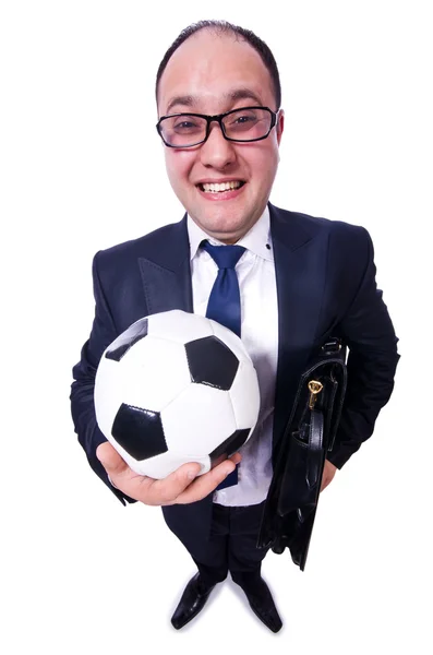 Businessman with football on white — Stockfoto