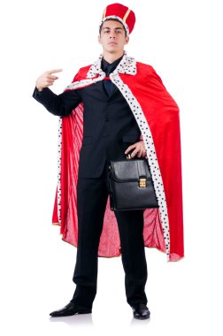 Kralcılık oynayan iş adamı beyazda izole edilmiş.