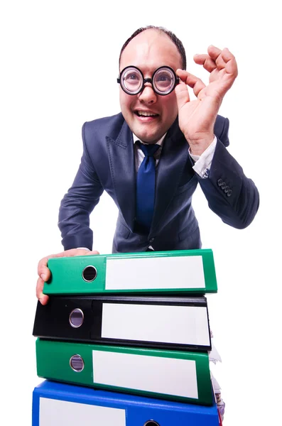 Funny man with lots of folders on white — Stock Photo, Image