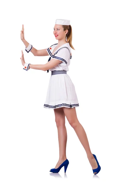 Donna in costume spingendo ostacolo virtuale — Foto Stock