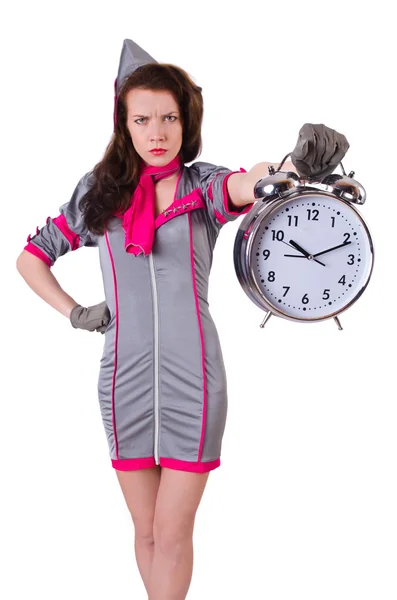 Femme avec horloge isolée sur blanc — Photo