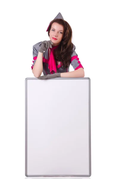 Stewardess with blank board on white — Stock Photo, Image