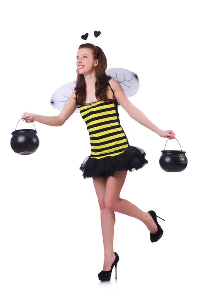 Kobieta w kostium pszczoły izolowane na białym — Zdjęcie stockowe