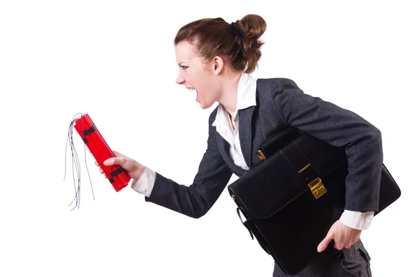 Businesswoman with dynamite on white — Stock Photo, Image