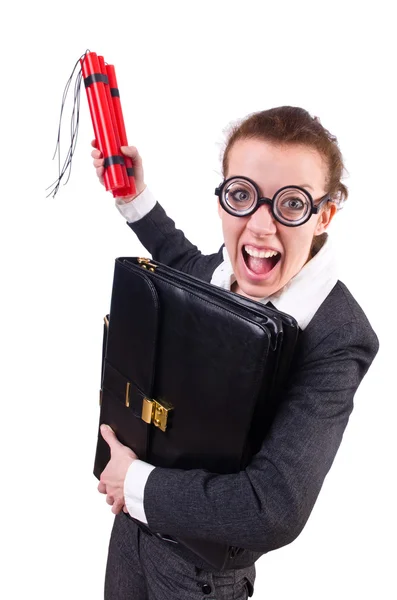 Businesswoman with dynamite on white — Stock Photo, Image