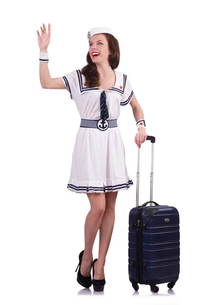 Woman travel attendant with suitcase on white — Stock Photo, Image