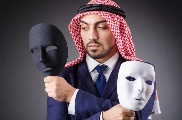 Arab with masks in dark studio — Stock Photo, Image