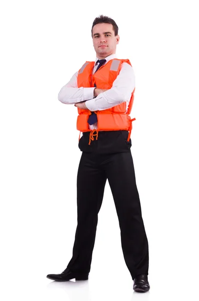 Affärsman med rescue Säkerhetsväst på vit — Stockfoto